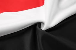 A fabric displaying red, white, and black colours, designed for a rugby tee with a standard fit.