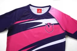 A pink and navy long-sleeve bathing suit featuring a logo, with a stylish wave design and contrasting colours.
