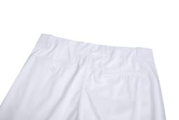 White baseball training pants featuring back pockets and button closures, with a logo on the waistband.