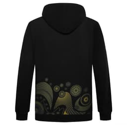 A black hoodie featuring a colourful abstract design on the lower back. Includes a hood and a logo.