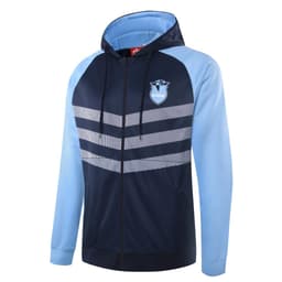 A polar fleece hoodie in navy blue and light blue, featuring a logo and patterned stripe detail.