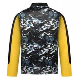 A long-sleeve pullover featuring a black and blue floral camouflage pattern with yellow sleeves.