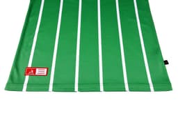 A green badminton club uniform featuring vertical white stripes and a small branding logo.