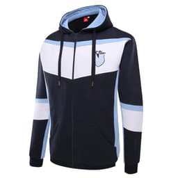 A navy and light blue polar fleece hoodie featuring a zip front and a logo.