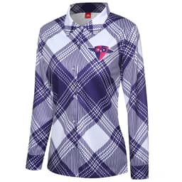 A flannel women's shirt in purple and white with a geometric plaid pattern and a logo on the left chest.