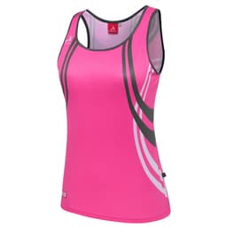 A pink athletic singlet with black and white design elements and a logo on the front.