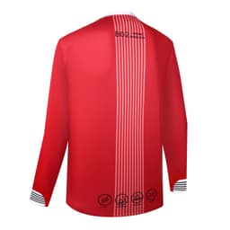 A red long-sleeved crew top with stripes on the back and a logo. It features a comfortable fit and stylish design.