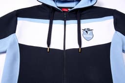 A polar fleece hoodie featuring navy blue, light blue, and white stripes, with a logo on the chest.