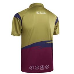A polo shirt featuring a micro mesh fabric, with an olive green and burgundy colour scheme and a logo.