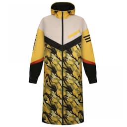 A long, multi-coloured jacket featuring a camouflage pattern in yellow, green, and black, with a hood and branding.