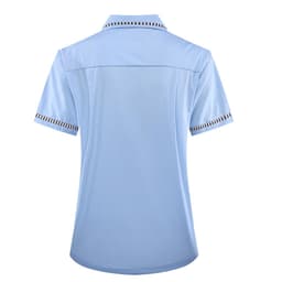 A light blue short-sleeved shirt with a collar and decorative trim on the sleeves, featuring a logo.