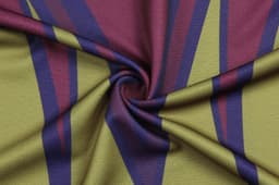 A textured fabric in olive green, maroon, and navy blue with diagonal striped patterns. It has a smooth, swirling design.
