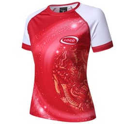 A vibrant red women's swim shirt with white sleeves and a decorative design, featuring a logo on the front.