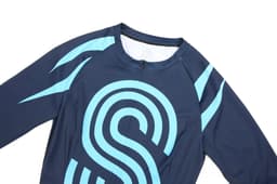A navy blue speed skating suit featuring light blue accents and a logo on the front.
