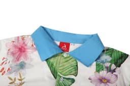 A floral-patterned shirt featuring a blue collar. The design includes various flowers and green leaves.