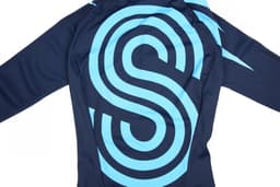 A navy inline speed skating suit featuring a large blue abstract design on the back and long sleeves.