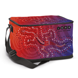 A cooler bag featuring vibrant red and purple colours with an indigenous art design and a logo on the front.