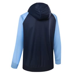 A polar fleece hoodie featuring a navy blue and light blue colour scheme, with a hood and long sleeves.