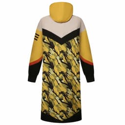 A jacket with a yellow hood, featuring a camouflage pattern in greens and blacks, with black and red accents.