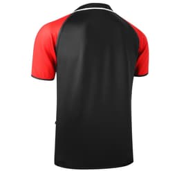 A rugby tee in a standard fit featuring black and red colours, with a simple design and a branding logo.