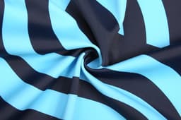 A close-up of a fabric featuring alternating black and light blue stripes, suitable for sports uniforms.