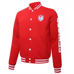 A red varsity jacket featuring a logo on the chest and white striped details on the collar and sleeves.