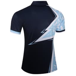 A dark blue polo shirt featuring a geometric design in light blue on the back, with a logo present.