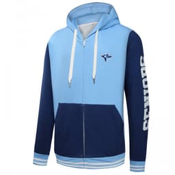 A light blue and navy zip hoodie featuring a logo and the word "SENIORS" on the sleeve.