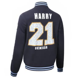 A navy baseball jacket featuring "21" and "SENIOR" on the back, with a logo and striped detailing.