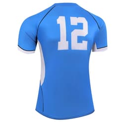A blue rugby tee featuring a white number 12 on the back and contrasting side panels. It has a logo on the front.