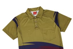 A polo shirt in olive green with navy and maroon design features and a chest pocket, along with a logo.