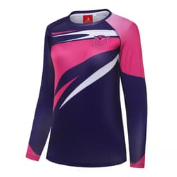 A long-sleeved bathing suit in navy, pink, and white with a logo on the chest.