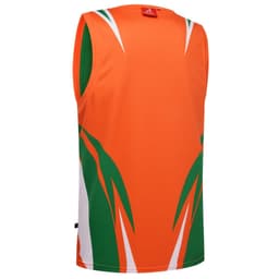 A reversible singlet in bright orange with green and white design elements, featuring a logo on the neck.