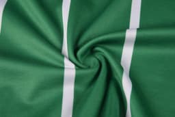 A green fabric featuring white stripes, displaying a smooth, circular design. Suitable for sports uniforms.