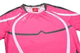 A pink athletic t-shirt with grey detailing and a branding logo on the collar.