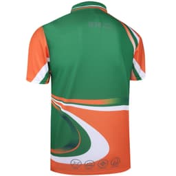 A green and orange polo shirt with a sporty design and a logo on the back.