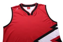 A red singlet with black and white design elements, featuring a logo on the upper left side.