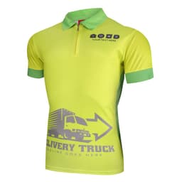 A bright yellow and green zip polo featuring a truck graphic and a logo on the chest.