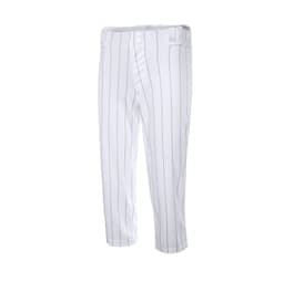 Cropped pants in white with vertical pinstripes, featuring a button closure and waistband. Includes a logo.