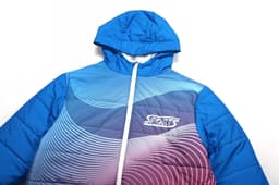 A blue winter coat with a hood, featuring a wave design in purple and pink and a logo on the front.