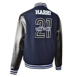 A navy blue letterman jacket featuring black sleeves, a personalised name, and "Class of Twenty-One" on the back.