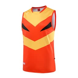 A vibrant red and orange AFL singlet featuring bold black accents and a stylised design. It includes branding details.