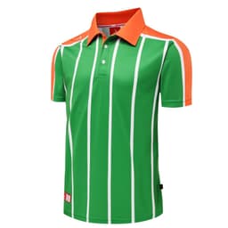 A green and orange badminton club uniform featuring vertical stripes and a collar, with a logo on the side.