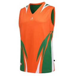 A sleeveless reversible singlet in vibrant orange and green with a logo on the front.