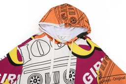 A multicoloured cotton hoodie featuring vibrant patterns and a hood. It includes a logo.