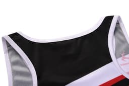 A black and white athletic singlet featuring red stripes, with a logo on the design.