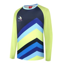 A long-sleeve T-shirt featuring a vibrant blue, green, and yellow chevron design with a logo.