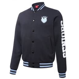 A navy baseball jacket featuring a logo and "SENIORS" text on the sleeve, with blue striped detailing.