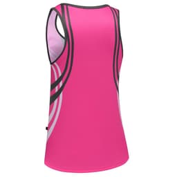 A pink women's singlet with black and white design elements, featuring a logo on the back.