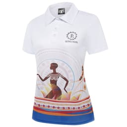 A white polo shirt featuring vibrant multi-coloured designs and a logo on the chest.